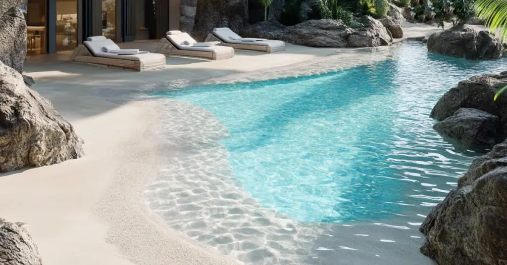 beach entry style pool with lounge chairs